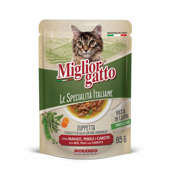 Trakci v omaki Miogatto Specialita' Italiane , Govedina, grah in korenje, Morando, 85g