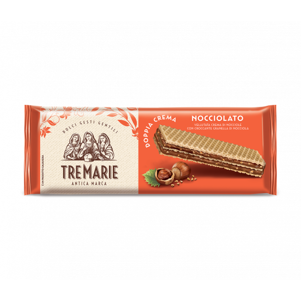 Vaflji polnjeni z dvojno lešnikovo kremo, Tre Marie, 140 g