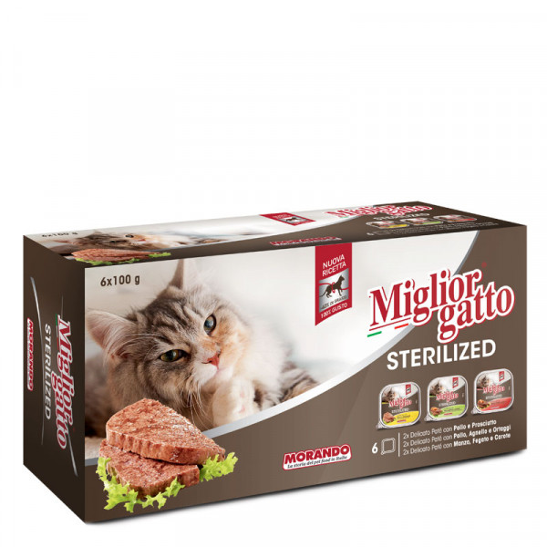 Hrana za mačke Miglior Gatto Sterilized, različni okusi, Morando, 6x100g