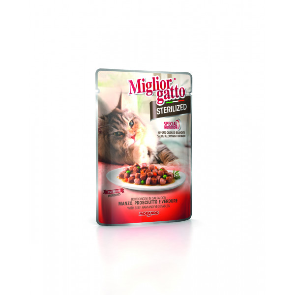 Hrana za mačke Miglior Gatto Sterilized, govedina, šunka, zelena, Morando, 85g