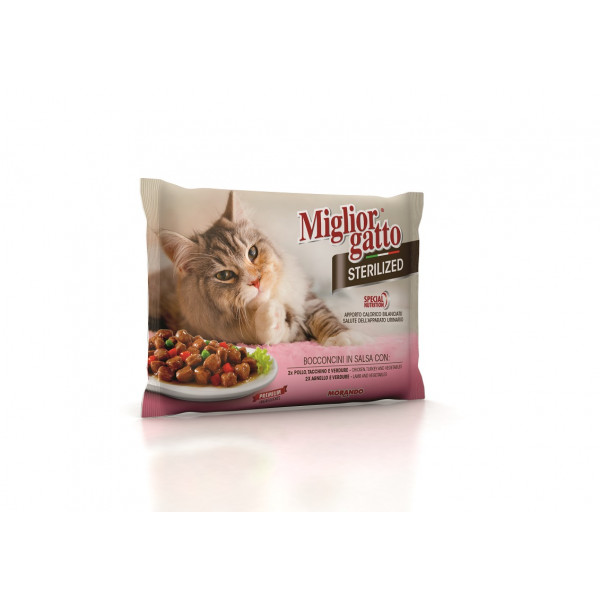 Hrana za mačke Miglior Gatto Sterilized, 2x jagnje, 2x piščanec Morando, 4X85g 